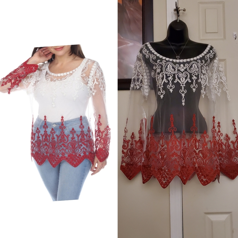 Couture Sheer Embroidered Red/White Triangular Sleeve Hem Finish Top Blouse - Picture 1 of 9